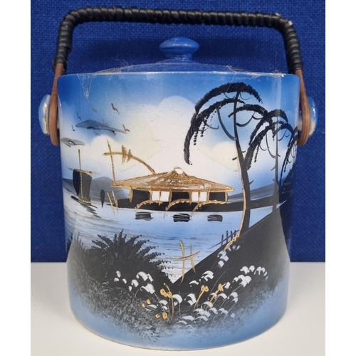 497B - An oriental, hand-painted ceramic biscuit barrel, with a harbour scene. Height 13.5cm.