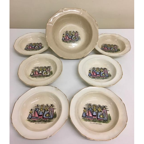 611 - A set of seven 'Parrott & Company' coronet ware bowls, with a Welsh Costume design.