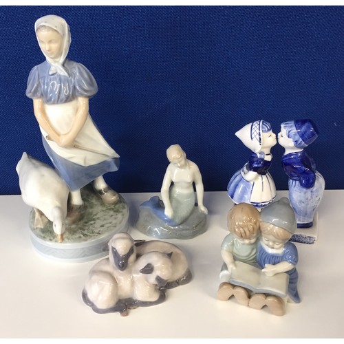 616C - A collection of five ceramic figurines. To include 'Royal Copenhagen' 'Goose Girl' no.527 & 'Pair of... 