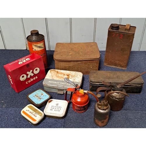 711B - A collection of three vintage oil cans & product tins. Twelve items in total.