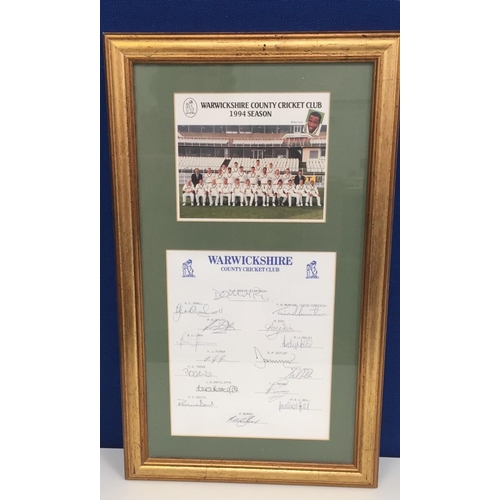 732 - A framed set of team autographs from Warwickshire County Cricket Club, 1994 season, together with a ... 