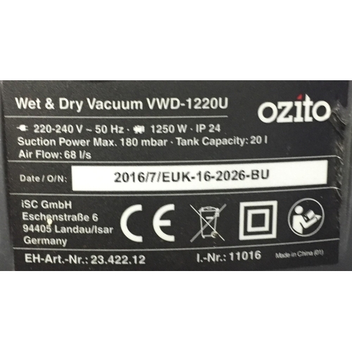 822 - An Ozito wet & dry vacuum cleaner. Model VWD-1220u. Tested & appears in full working order, although... 