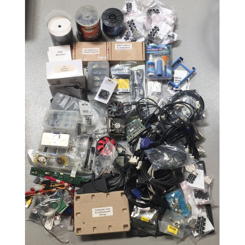 3045 - A large assortment of computer spares. Includes fans, modem, mother boards, HP gens drive caddy supp... 