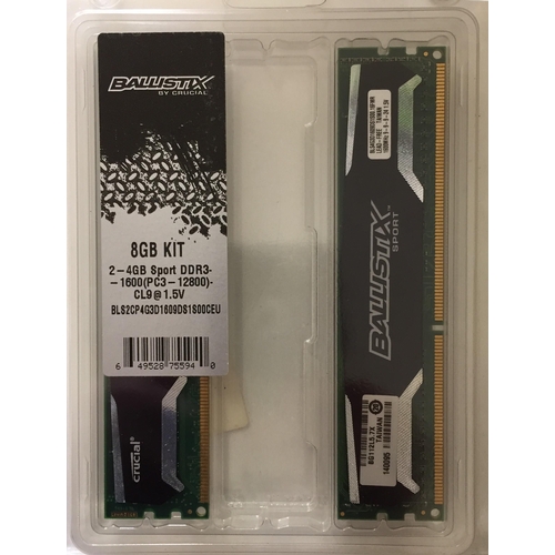 3073 - A 'Ballistix Crucial 2x4GB Sports DDR3-1600' internal memory. Appears new/unopened.