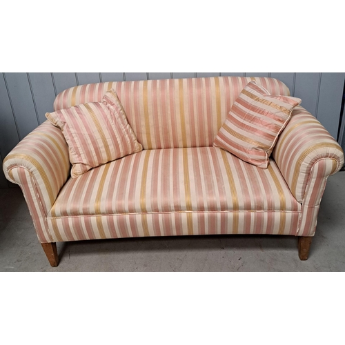 145 - A vintage-style, two-seater sofa, with scroll arms & upholstered in striped fabric. Some minor stain... 