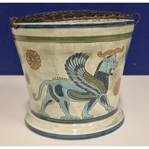 530 - A bold design 'Sylvac' pottery, Assyrian-style jardinière no.4678, with a metal grate addition to th... 