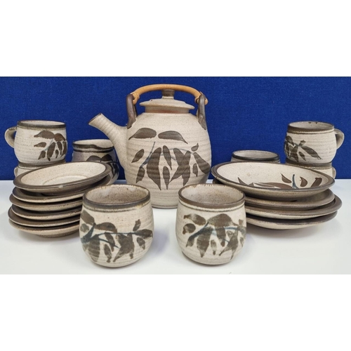 565 - A Burmese style, stoneware tea set, by 'Robert Tinnyunt', Nineteen pieces in total. To include a bam... 