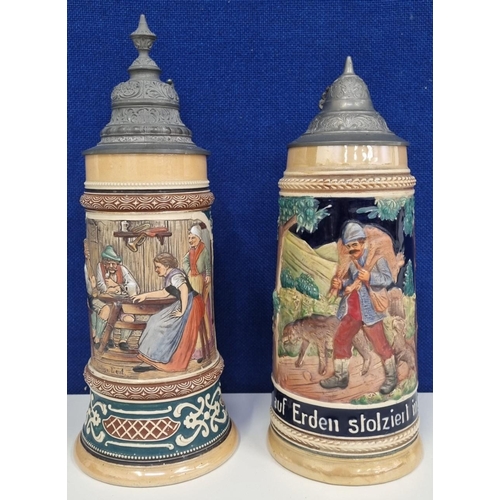 599 - A pair of older, German hunting theme, beer steins, with metal lids. Tallest stein height, to includ... 