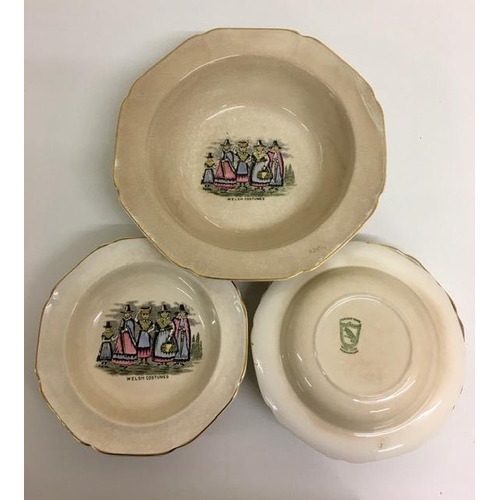 611 - A set of seven 'Parrott & Company' coronet ware bowls, with a Welsh Costume design.