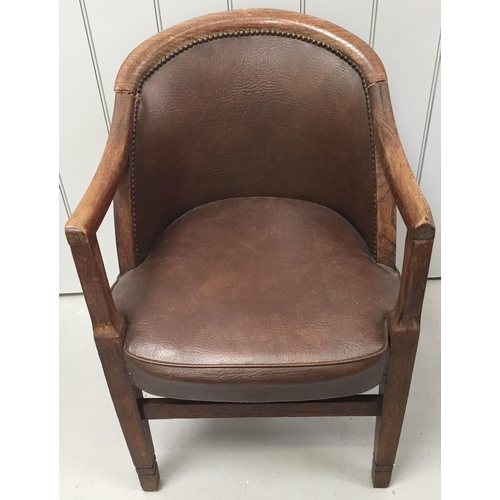 145C - An Edwardian, oak-framed/leather upholstered tub-style chair. Dimensions(cm) H85(47 to seat), W56, D... 