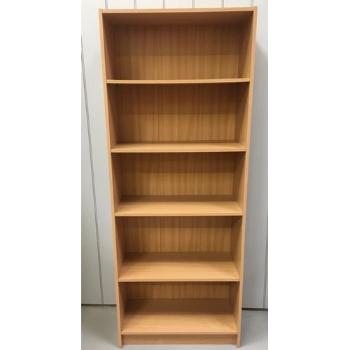 87 - Two contemporary bookcases. Oak coloured, with five shelves & beech coloured, with four shelves. Dim... 