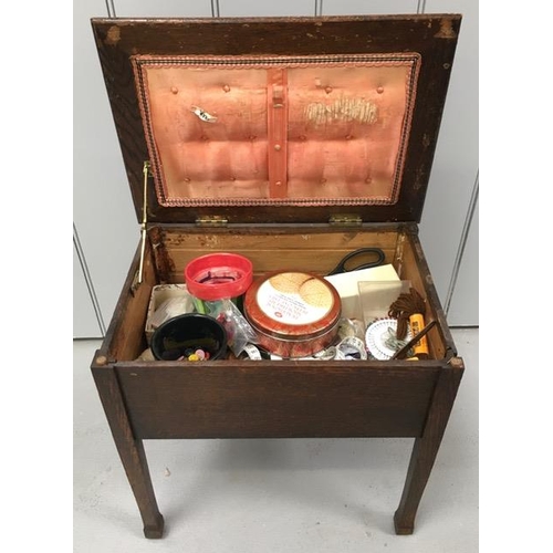 88 - An Edwardian, oak sewing box & contents. Dimensions(cm) H46, W45, D31.