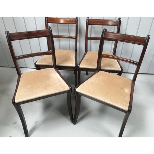 161 - A set of four, vintage, inlaid mahogany dining chairs. Dimensions(cm) H84(46 to seat), W52, D54