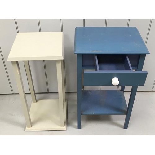 33 - A contemporary, blue-coloured side table, together with a cream-coloured plant stand.  Respective di... 