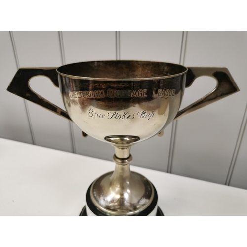 408 - A Cheltenham Cribbage league 'Eric Stokes Cup' silver-plated trophy, with solid silver engraving pla... 