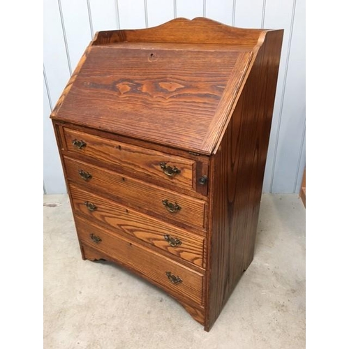 108 - A vintage oak bureau. Fall front, with fitted interior & four drawers. Dimensions(cm) H106, W70, D47... 