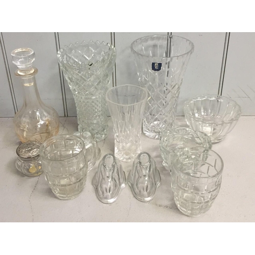 214J - A collection of twelve items of vintage glassware. Includes three crystal vases (one Dartington), de... 