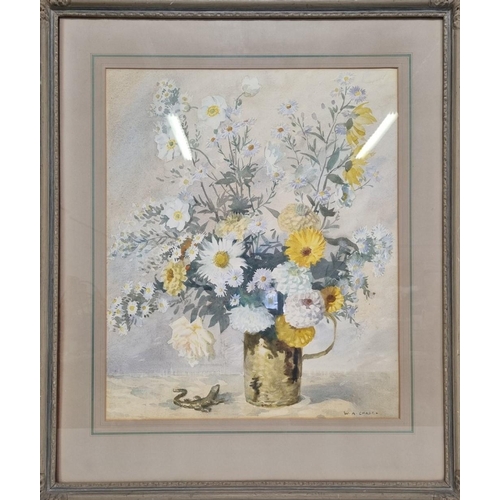An original watercolour floral still life & lizard. A skilfully painted piece, signed by the artist 'W.A. Chase', William Arthur Chase (British 1878-1944). Framed dimensions(cm) H82, W69.5.