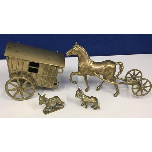 447 - A brass horse & caravan (length 32cm, height 14.5cm), together with two souvenir brass donkeys, mark... 