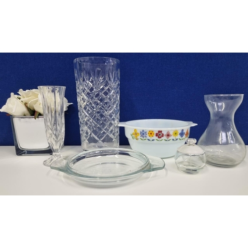 212 - A hand-cut, quality crystal vase along with a mix of glassware. Includes a vintage 'Pyrex' dish & a ... 