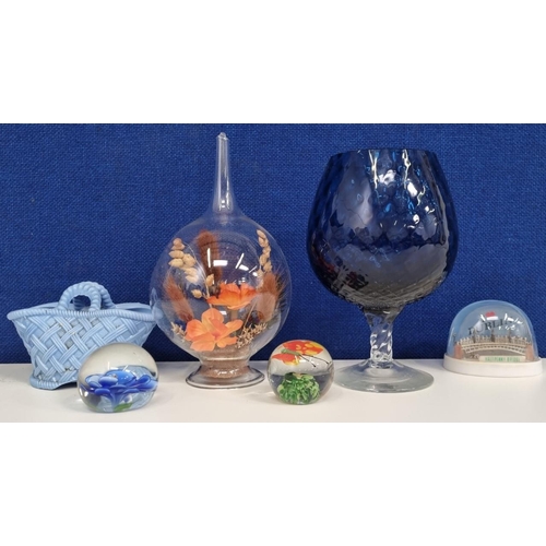 221 - A collection of six pieces of smaller, decorative glassware, to include two paperweights.