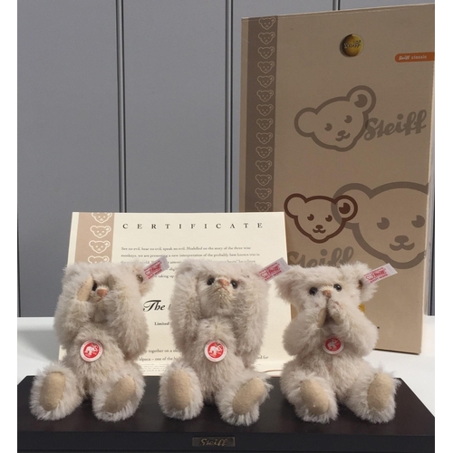 4021 - Steiff 'The Three Wise Bears'. White mohair with accompanying plinth. Catalogue no. 038372. Height 1... 