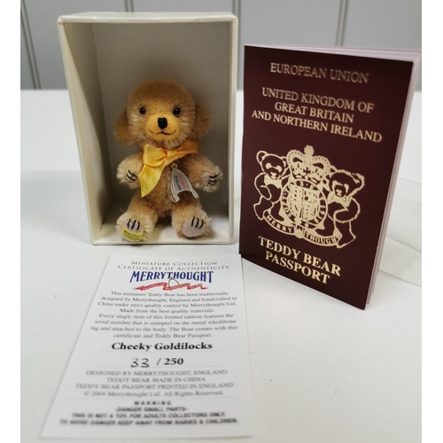 4037 - Merrythought Miniature Cheeky Bears (x4). To include 'Goldilocks' with passport & three 'Ironbridge'... 