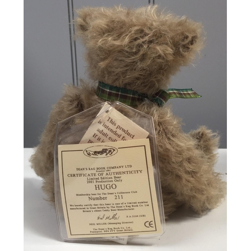 4068 - Dean's Rag Book Company Ltd 'Hugo' bear. Beige mohair with accompanying tartan ribbon, from 2001. Li... 