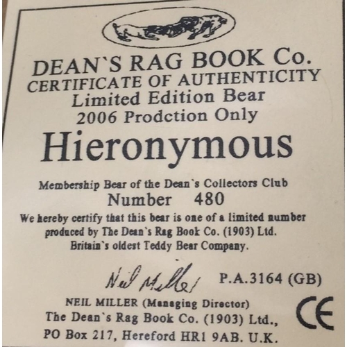 4073 - Dean's Rag Book Company Ltd 'Hieronymous' bear. Golden mohair with accompanying spotted ribbon, from... 