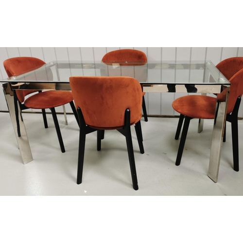 A large, rectangular, designer glass-top dining table, with chrome legs & frame, together with  with four dining chairs. Chairs are of modern design, upholstered in a burnt orange coloured fabric. Table dimensions(cm) H75, W160, D80. Chair dimensions(cm) H83(45 to seat), W50, D55.
