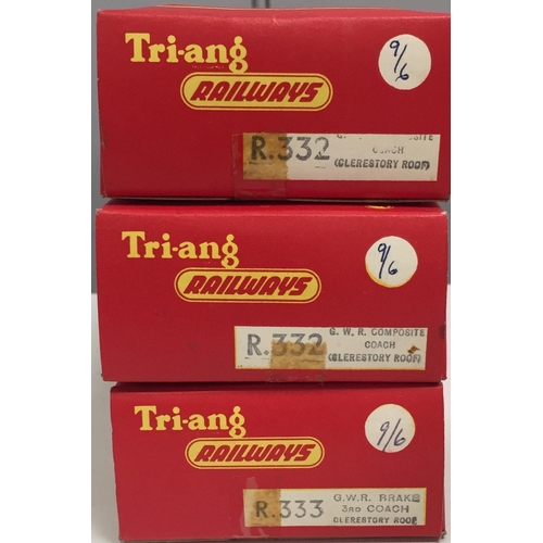 2785 - Three boxed Tri-ang OO gauge Coaches. To include Composite Coaches (Clerestory Roof) G.W.R. (x2) & B... 