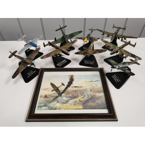 2119 - A collection of nine, unboxed Atlas Editions WW2 model planes, together with a framed print entitled... 