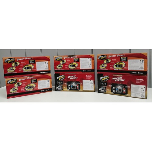 2179 - A collection of six boxed, 1;24 scale, diecast 'Adventure Wheels' model cars, with lights & sound ef... 