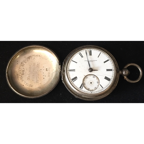 A Victorian, hallmarked silver-cased (dates to 1879), pocket watch, by John Bennett, London. Engraved 'Royal Arsenal Regatta, Woolwich, First Prize 26th July 1880. Watch has missing glass & second hand. Untested.