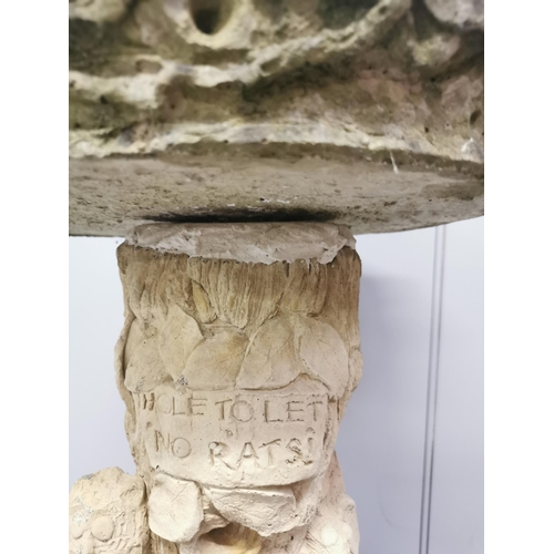 1490 - A two-piece stone birdbath, with humorous carved text 'Hole To Let - No Rats'. Dimensions(cm) H67, W... 