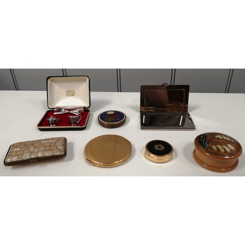 1517 - A collection of six trinket boxes & compacts, together with a boxed set of cufflinks & tiepin.