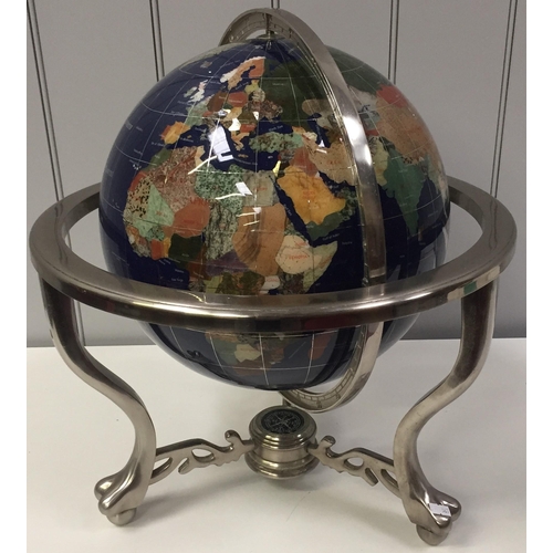 1527 - A large, decorative Blue Lapis globe & compass, supported by a chrome stand. Dimensions(cm) H50, W44... 