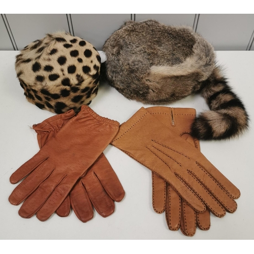 1529 - A collection of vintage ladies' gloves & hats. To include two pairs of leather gloves, a rabbit fur ... 