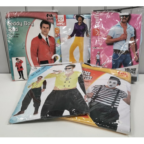 1531 - A selection of five packaged, adult fancy-dress outfits. To include Teddy Boy Red; Flared Trousers; ... 