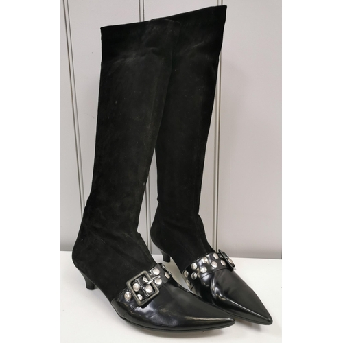 1534 - A pair of black, designer, 'Robert Clergerie' knee-high designer boots, with decorative buckle detai... 