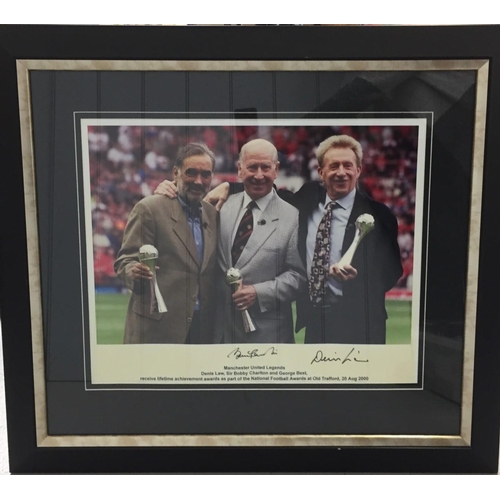 An autographed, framed picture from 20/08/2000 of George Best, Sir Bobby Charlton & Denis Law receiving lifetime awards at Old Trafford. Signed by Denis Law & Bobby Charlton.
Framed dimensions(cm) H74, W83.