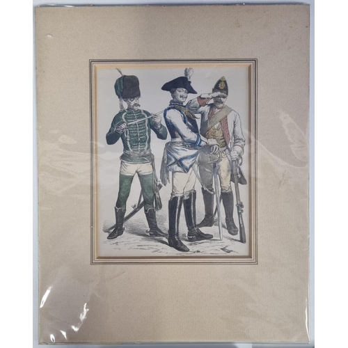 305 - A collection of four antique military interest prints. Includes a Hussars antique magazine hand-colo... 