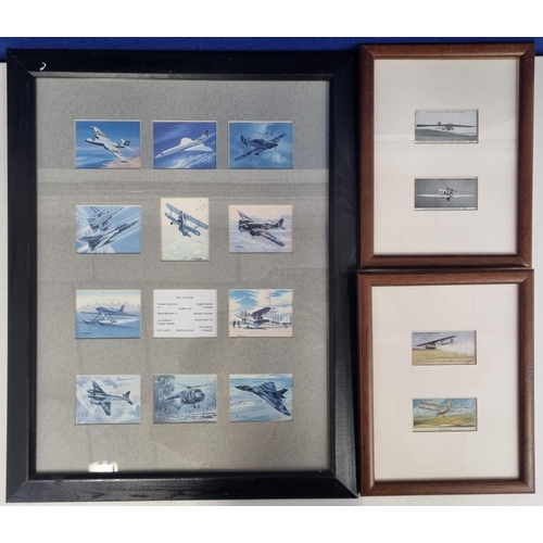 309 - Three aircraft interest prints/vintage framed cigarette cards. The larger print of popular aircraft,... 