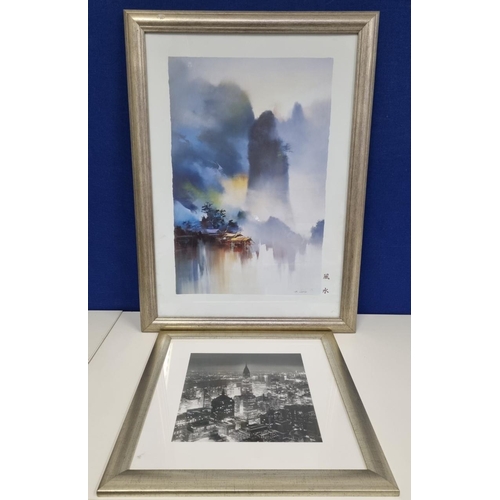 310 - A duo of travel inspired, silver framed prints. The larger one by a Chinese contemporary artist, sig... 