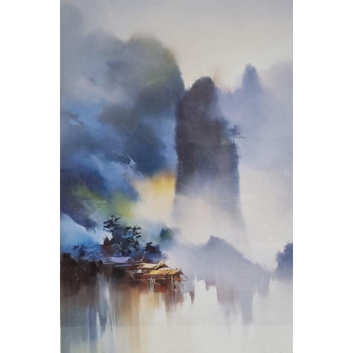 310 - A duo of travel inspired, silver framed prints. The larger one by a Chinese contemporary artist, sig... 