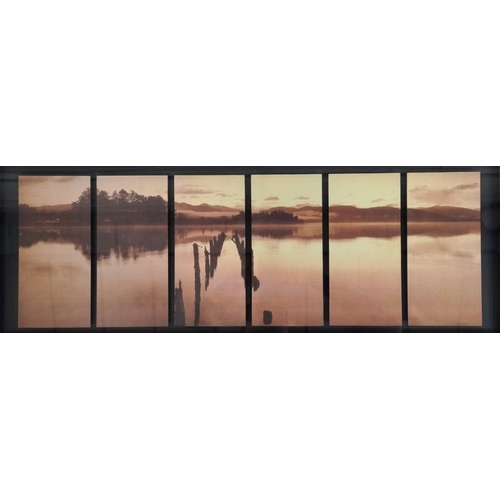 378 - A framed, sunset lake scene print. Framed dimensions(cm) H42, W93.5.