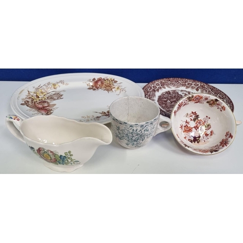 564 - Five pieces of eclectic 19th century china. To include a rarer twin-handled 'Mason's' ironstone 'Bib... 