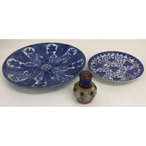 588 - Two blue & white collector's plates (one Japanese), together with a  small ceramic pot.