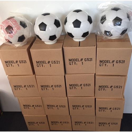 654 - A full box of 16, new/unused, glass novelty football design ceiling pendant lightshades. Height 17cm... 