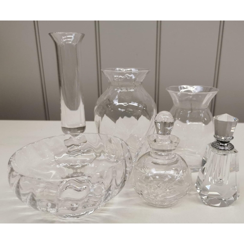 206 - A Collection of  vintage glassware. To include two perfume bottles, three flower vases (2 by 'Dartin... 